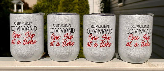 Glitter-Enhanced "Surviving Command" 16 oz Stainless Steel Tumbler with Personalized Crest