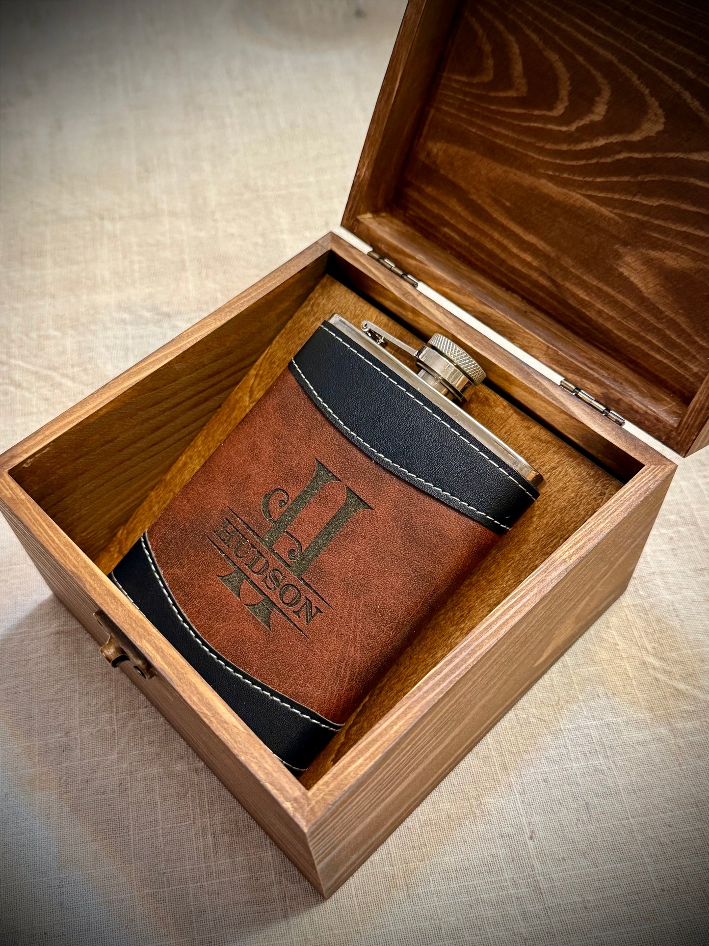 Personalized Leather Flask & Custom Wood Gift Set