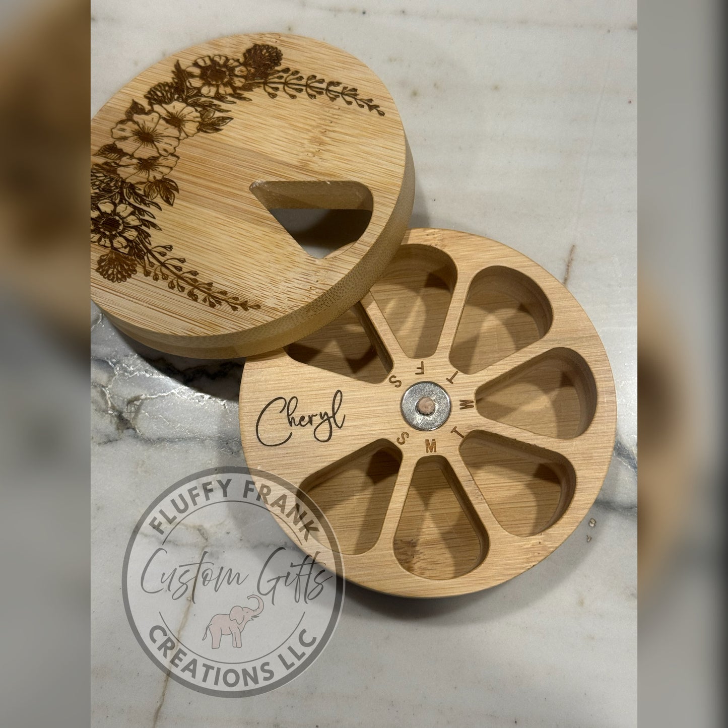 Personalized Bamboo Pill Organizer | Custom Engraved 7-Day Weekly Pill Box | Laser Etched Floral Pill Case Gift