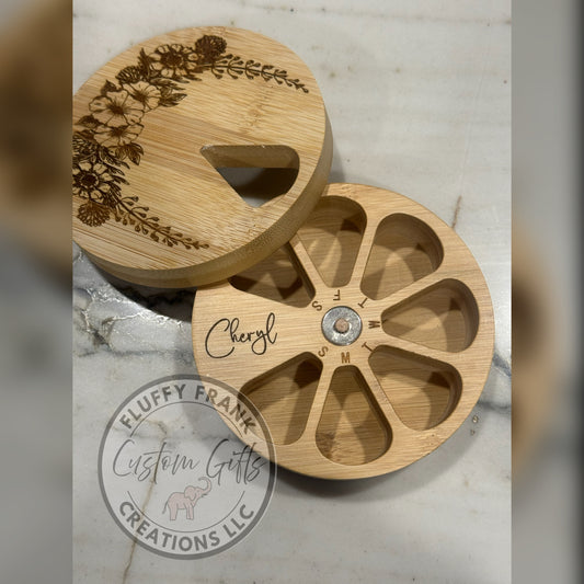 Personalized Bamboo Pill Organizer | Custom Engraved 7-Day Weekly Pill Box | Laser Etched Floral Pill Case Gift