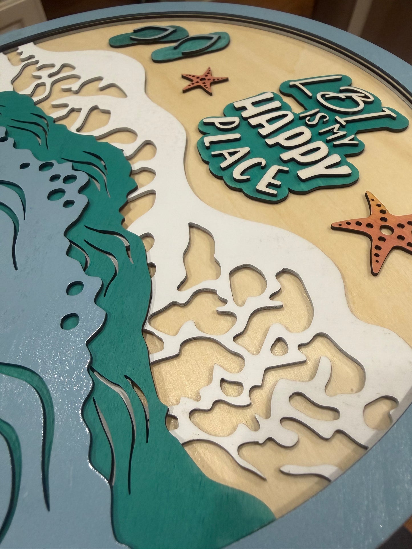 Handmade Layered Wood Beach Sign | 10” Round Interchangeable 3D Coastal Wall Art | Basswood Ocean Decor