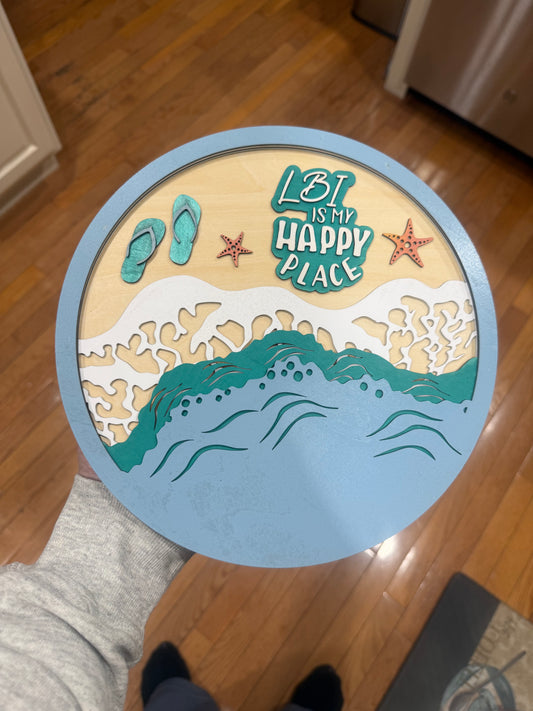 Handmade Layered Wood Beach Sign | 10” Round Interchangeable 3D Coastal Wall Art | Basswood Ocean Decor