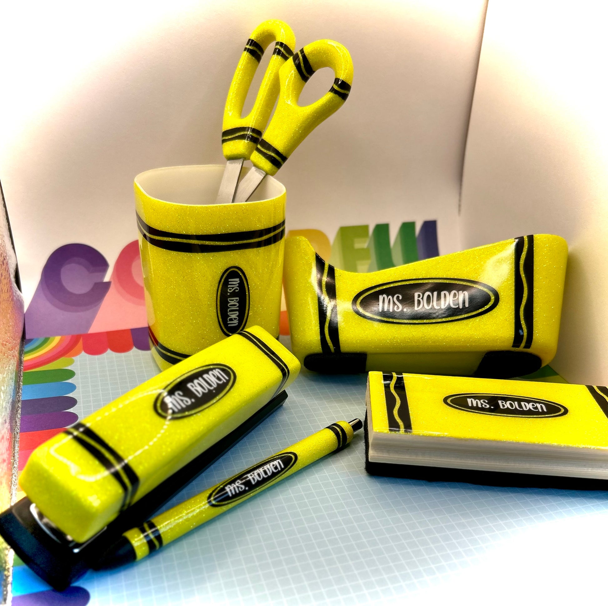  Crayon themed desk set for teachers.  Glitter office supplies 