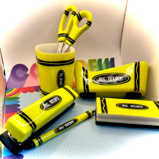 Crayon themed desk set for teachers.  Glitter office supplies 