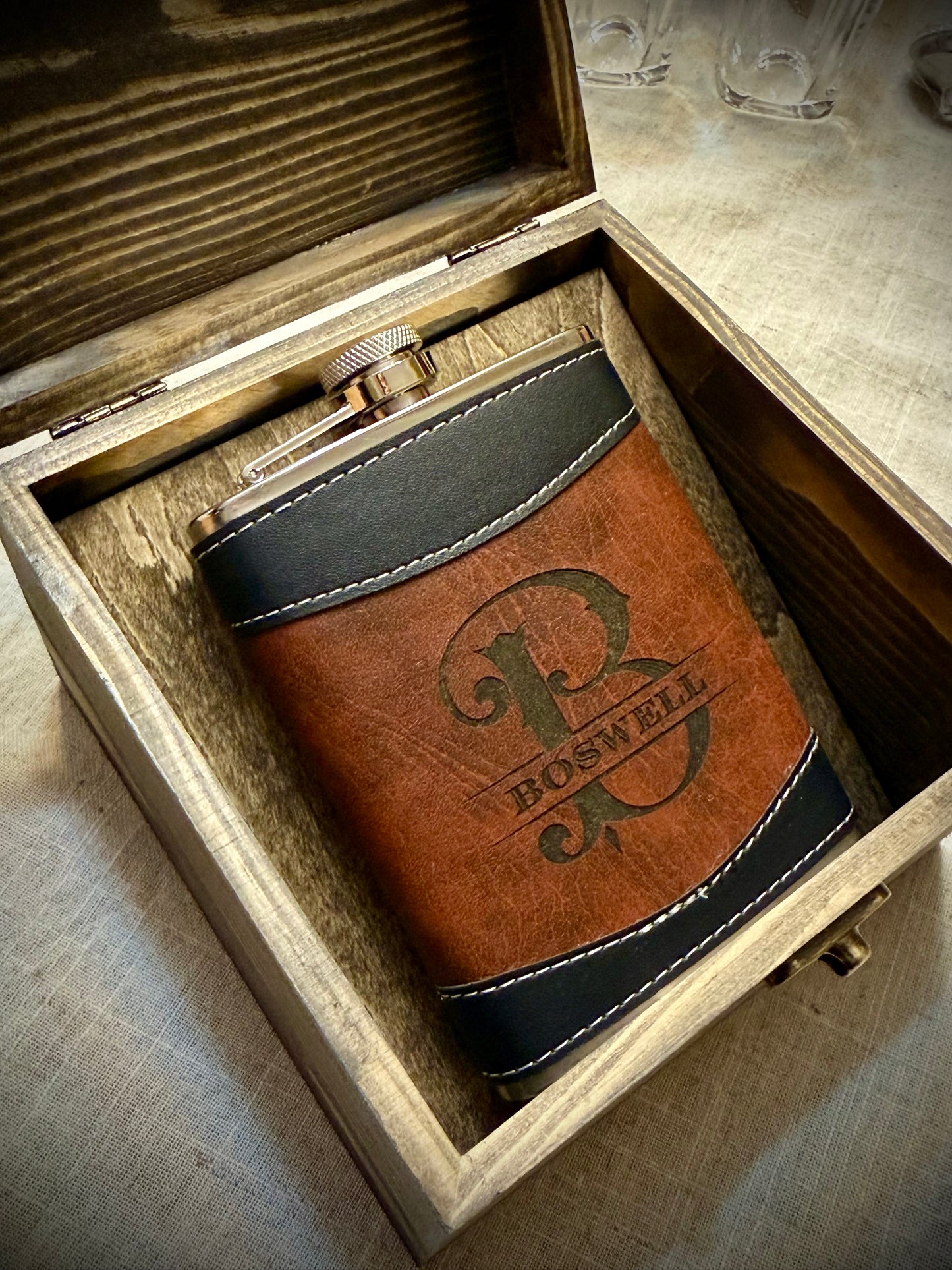 Personalized Leather Flask & Custom Wood Gift Set