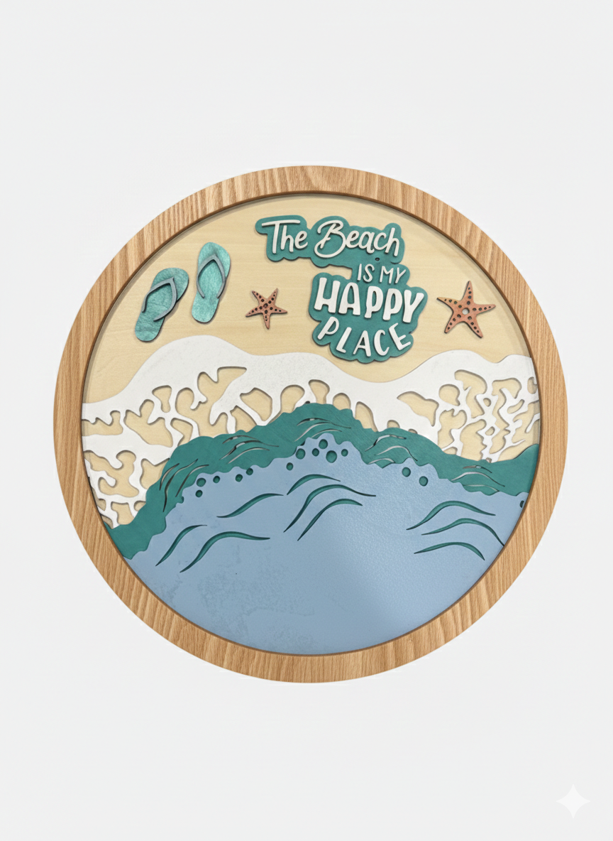 Handmade Layered Wood Beach Sign | 10” Round Interchangeable 3D Coastal Wall Art | Basswood Ocean Decor