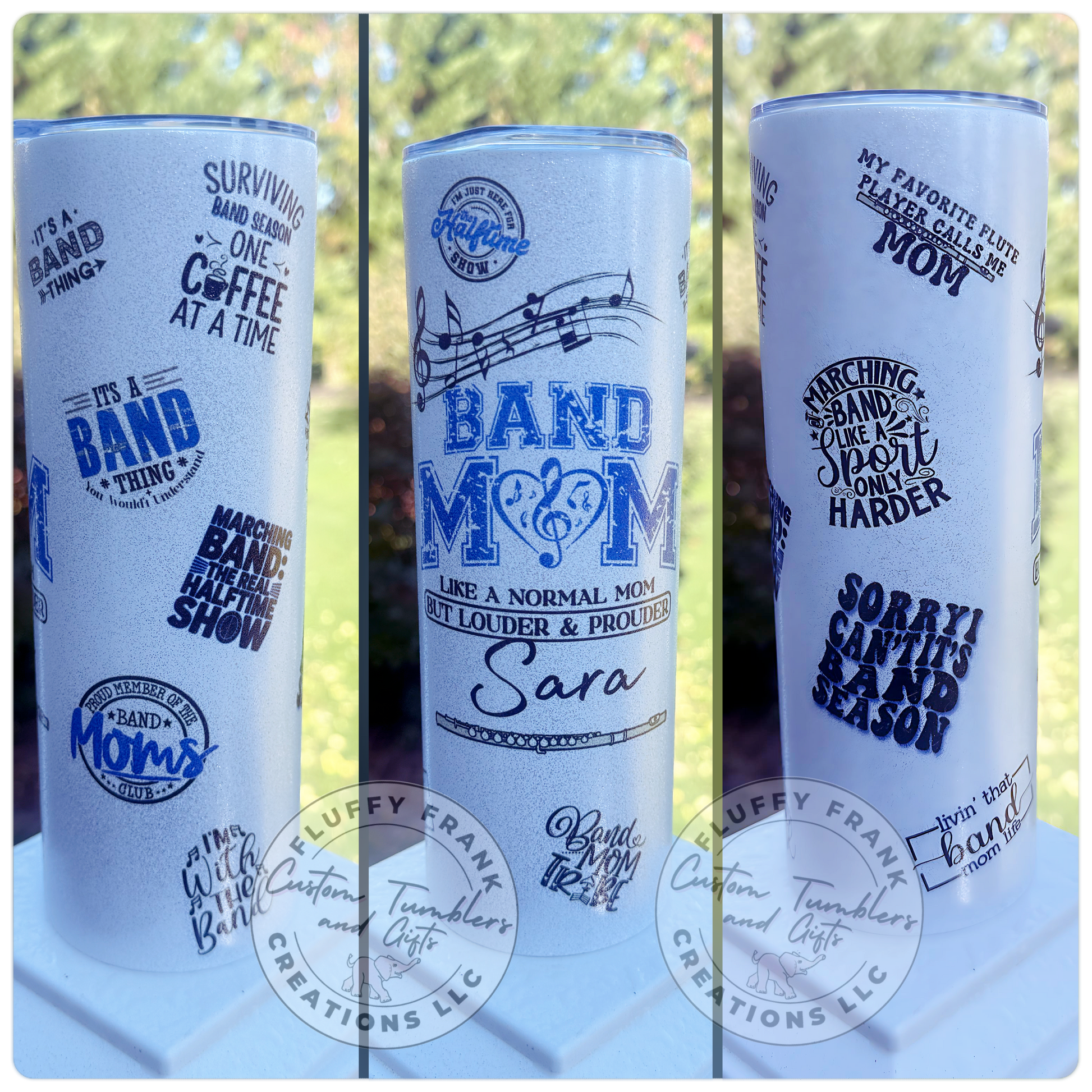 Three white tumblers with blue text and designs, featuring 'Band Mom' and related phrases.
