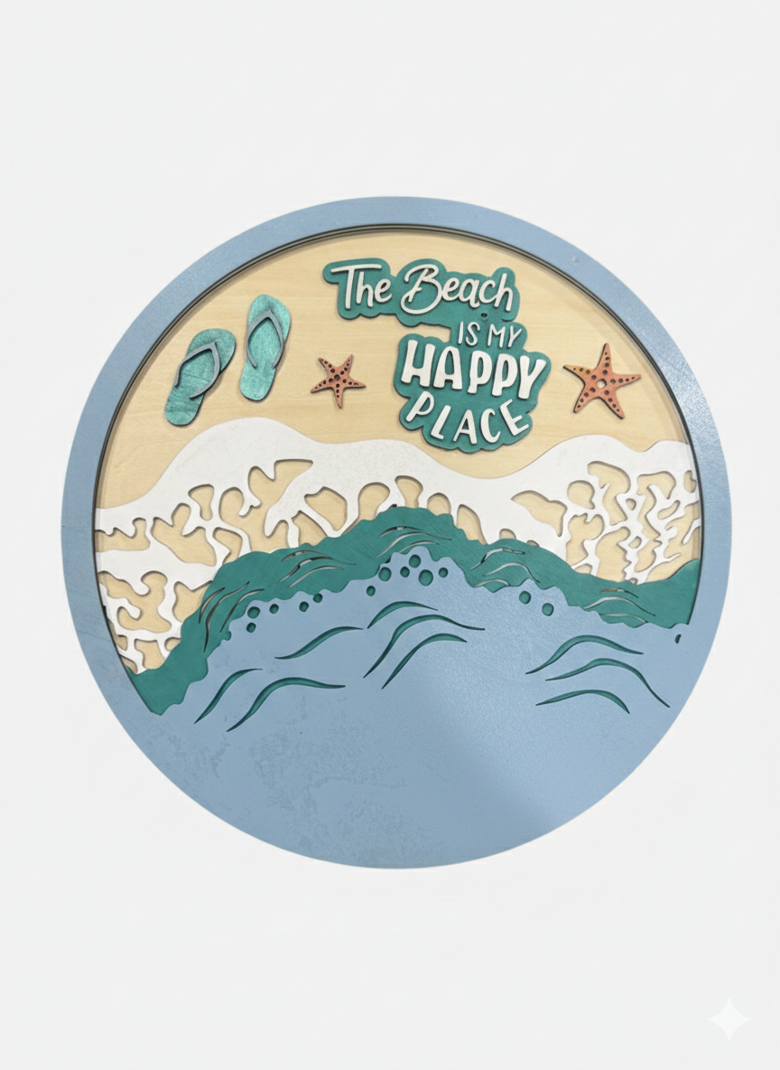 Handmade Layered Wood Beach Sign | 10” Round Interchangeable 3D Coastal Wall Art | Basswood Ocean Decor