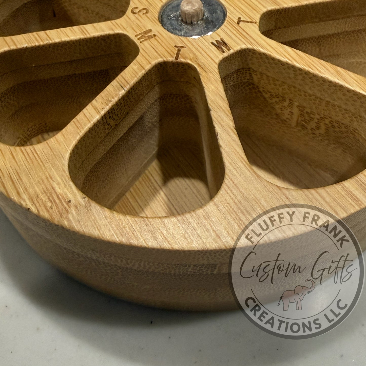 Personalized Bamboo Pill Organizer | Custom Engraved 7-Day Weekly Pill Box | Laser Etched Floral Pill Case Gift