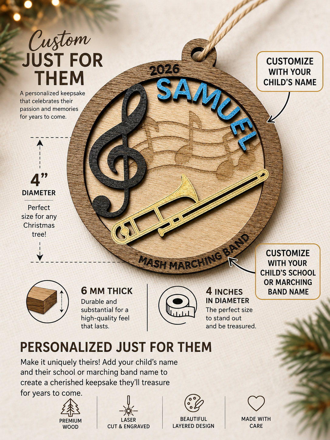 Personalized Trombone Ornament | Custom Marching Band Gift