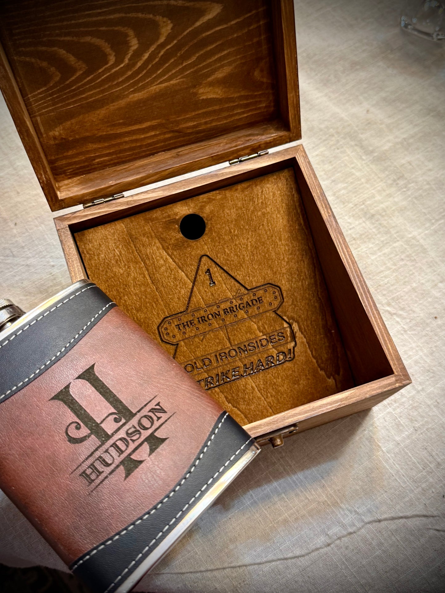 Personalized Leather Flask & Custom Wood Gift Set