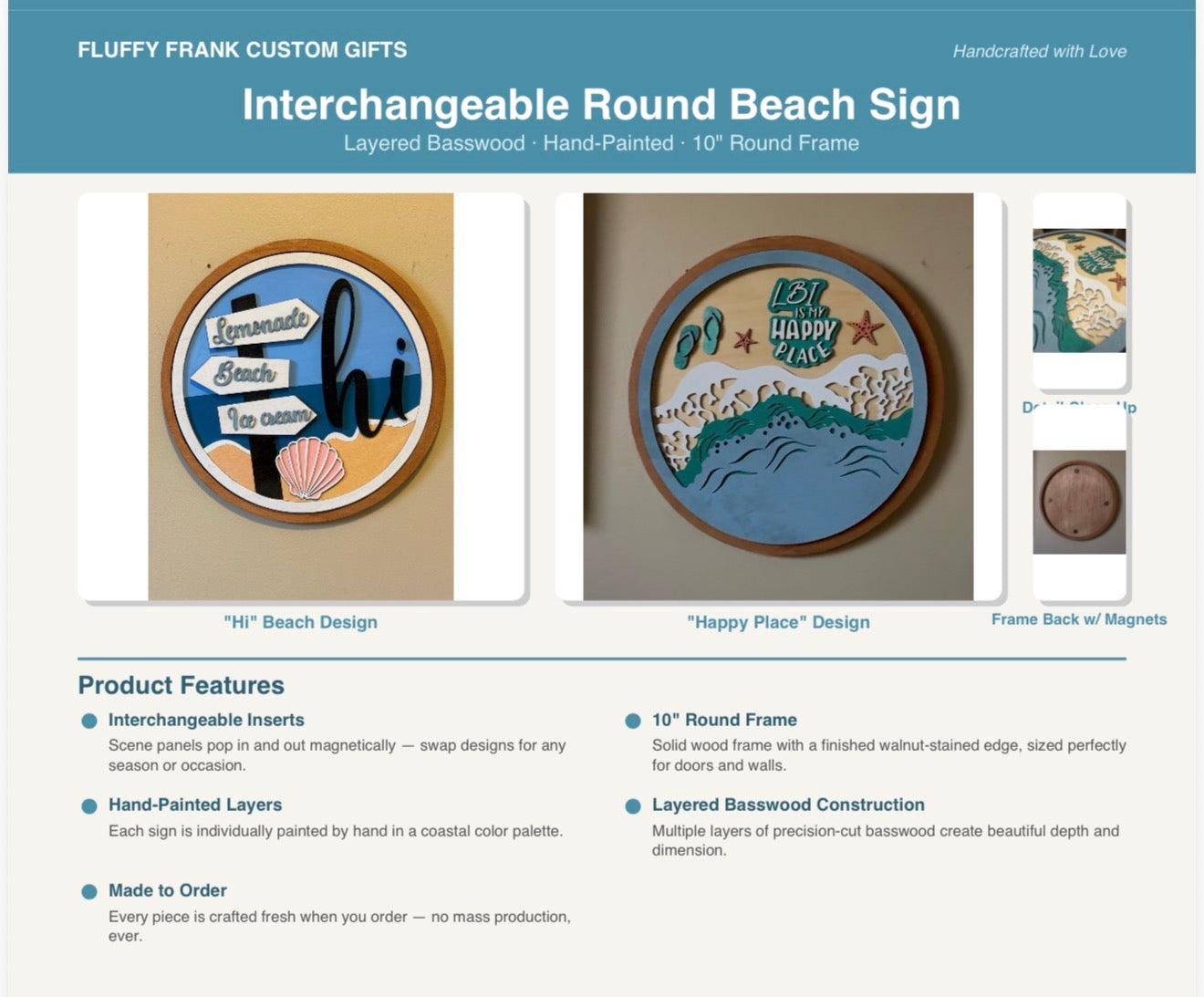 Handmade Layered Wood Beach Sign | 10” Round Interchangeable 3D Coastal Wall Art | Basswood Ocean Decor