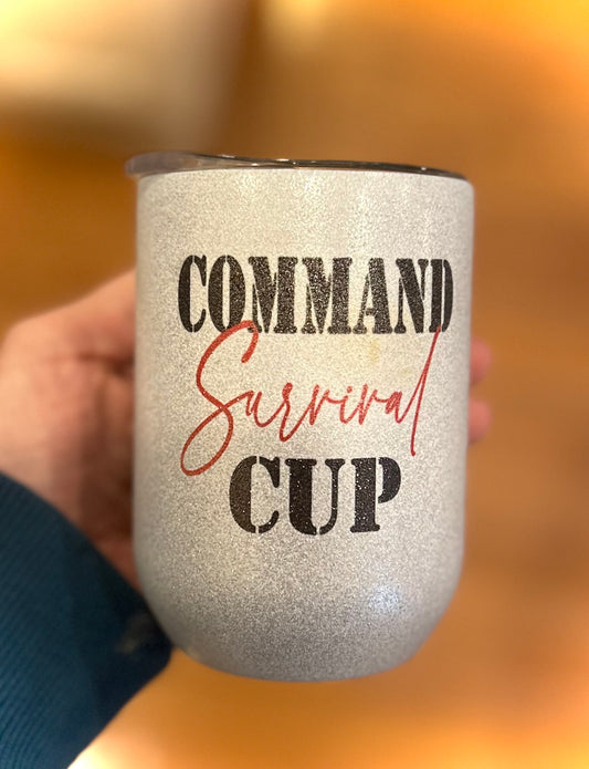 Glitter-Enhanced "Surviving Command" 16 oz Stainless Steel Tumbler with Personalized Crest