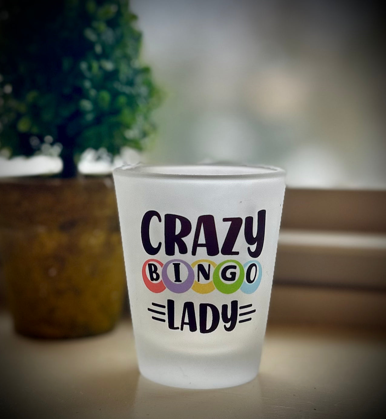 Crazy Bingo Lady frosted shot glass
