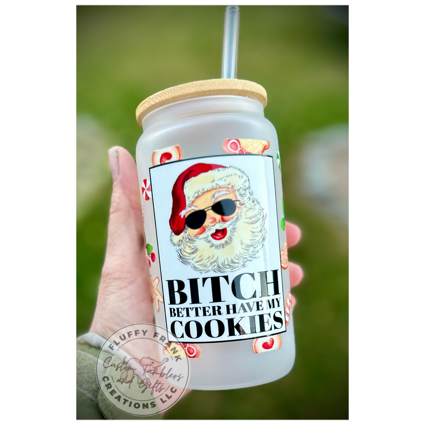 Santa cookies 16oz  glass (frosted)