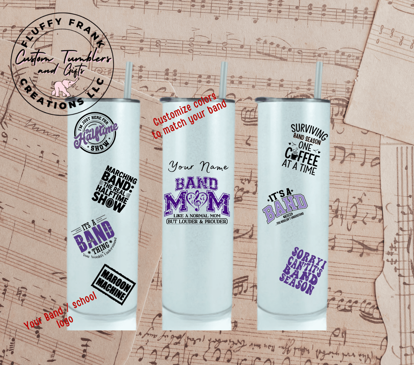 Band Mom 20oz Glitter Tumbler - FluffyFrankCreationsLLC