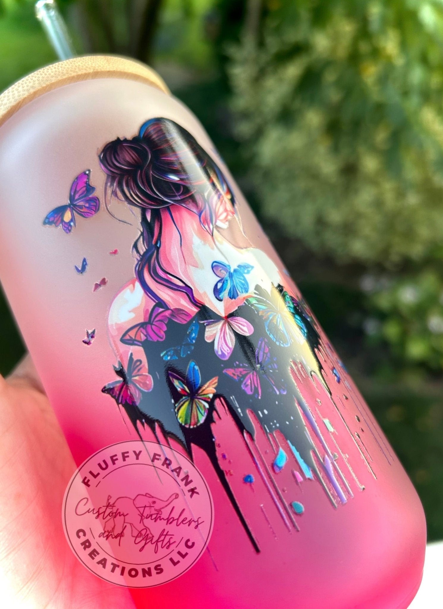 Butterfly girl Ombré pink 17oz frosted glass - FluffyFrankCreationsLLC