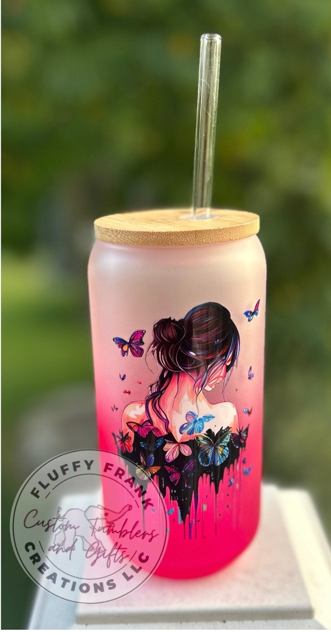 Butterfly girl Ombré pink 17oz frosted glass - FluffyFrankCreationsLLC