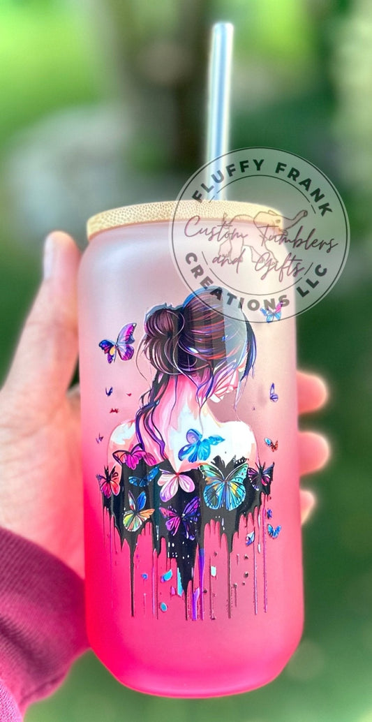 Butterfly girl Ombré pink 17oz frosted glass - FluffyFrankCreationsLLC