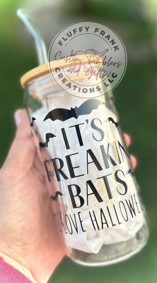 Freaken Bats - Halloween 16oz Glass (clear) - FluffyFrankCreationsLLC