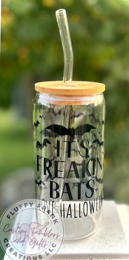 Freaken Bats - Halloween 16oz Glass (clear) - FluffyFrankCreationsLLC