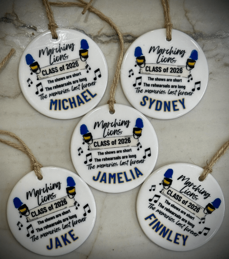 🎄 Marching Band Christmas Ornament – Personalized Ceramic Keepsake for Band Seniors & Families - FluffyFrankCreationsLLC