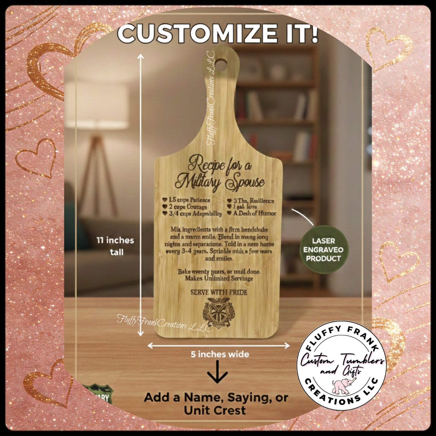 Custom Engraved Recipe Bamboo Cutting Board - Military Spouse