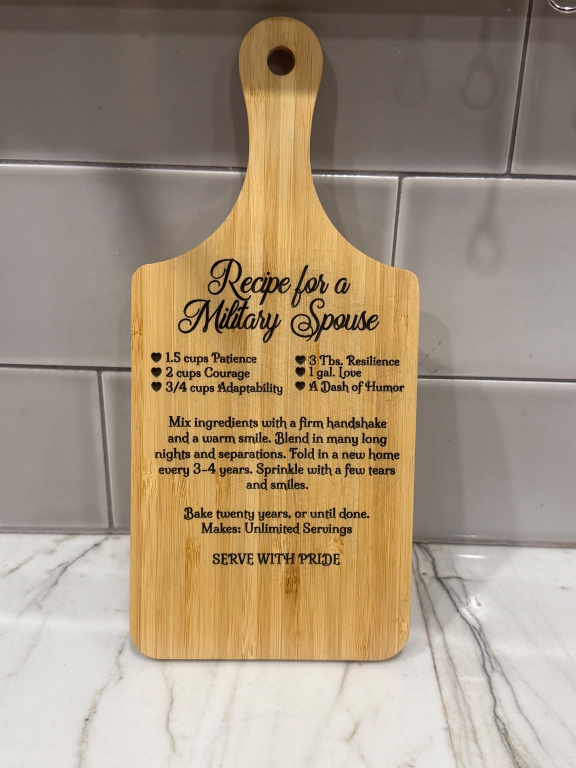Custom Engraved Recipe Bamboo Cutting Board - Military Spouse